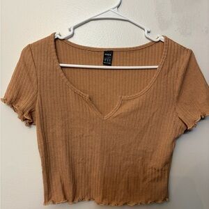 SHEIN Brown Ribbed V-Neck Crop Top